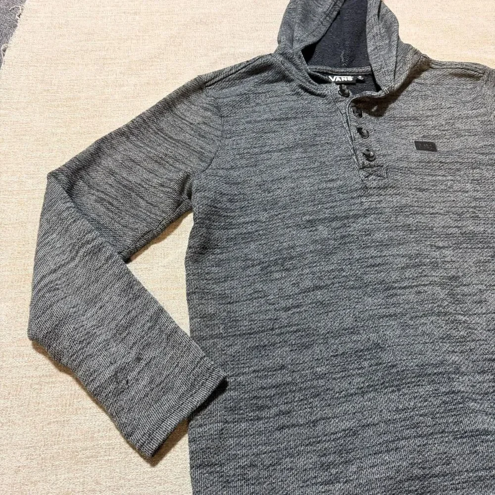 VANS Sweater Mens Medium Gray Hooded Henley Knit Long Sleeve Pullover Casual